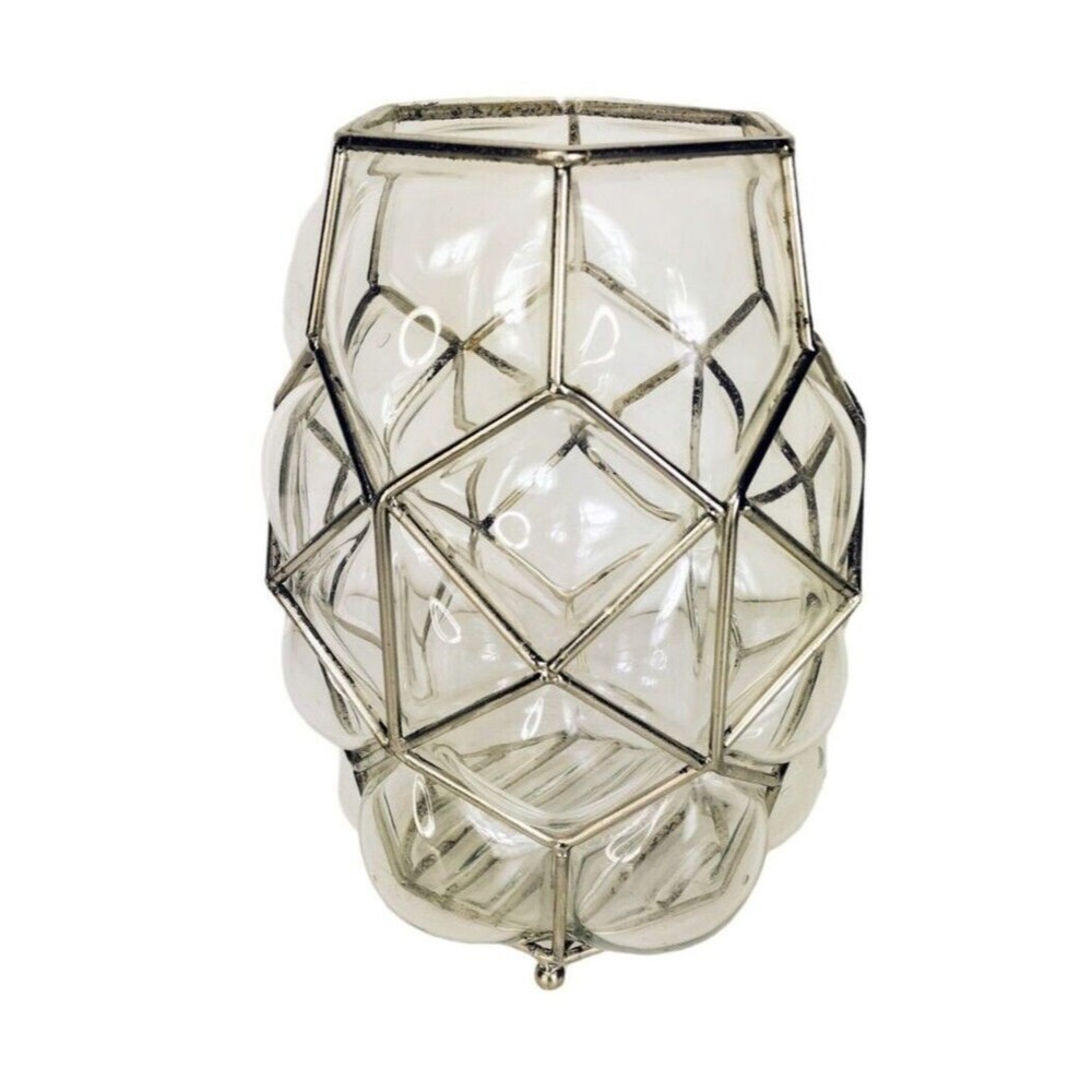 Vintage 30s Art Deco Caged Blown Bubble Glass Footed Vase Lantern Candle Holder